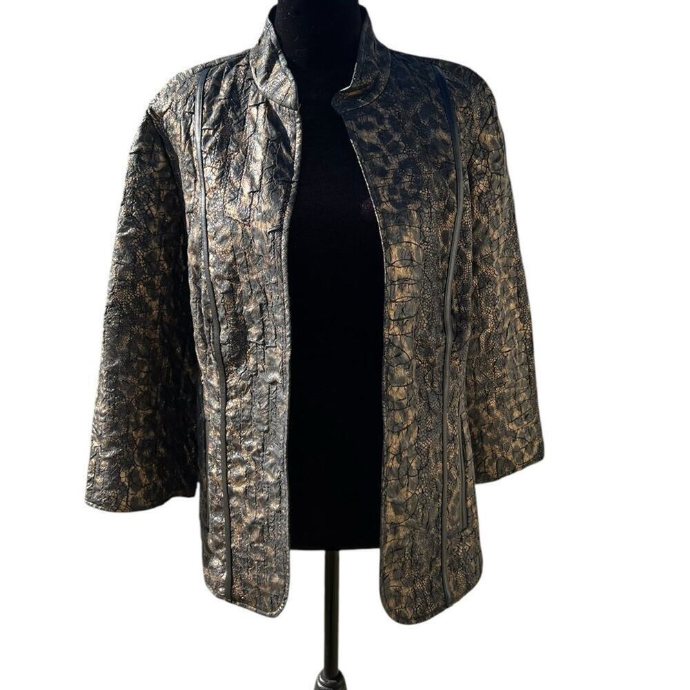 Chico’s 2 (M 12-14) women’s dressy jacket, black gold reptile look